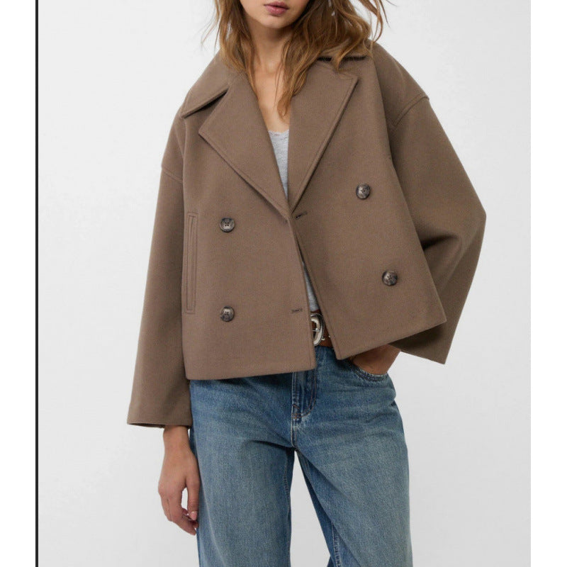 Women's Short Double-Breasted Wool Blend Peacoat with Oversized Lapels Mune Fashion