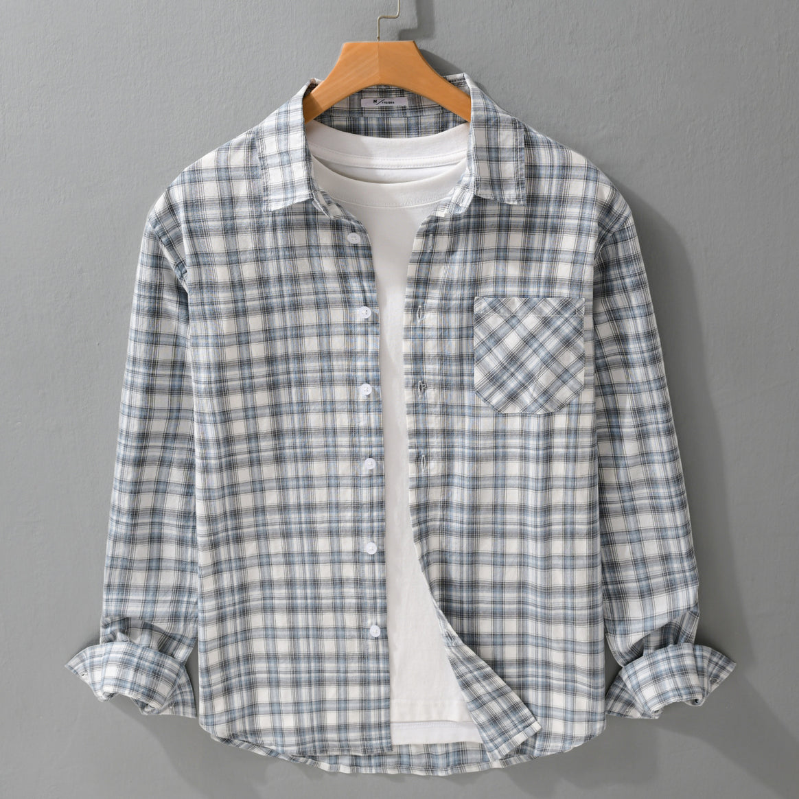 Men's Loose Check Layering Shirt made of lightweight cotton blend with diagonal patterned patch pocket Mune Fashion
