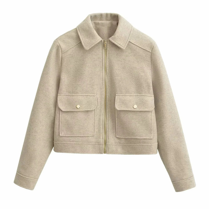 Women nan boxy wool blend shacket with concealed metal zipper, shirt collar, and patch pockets Mune Fashion