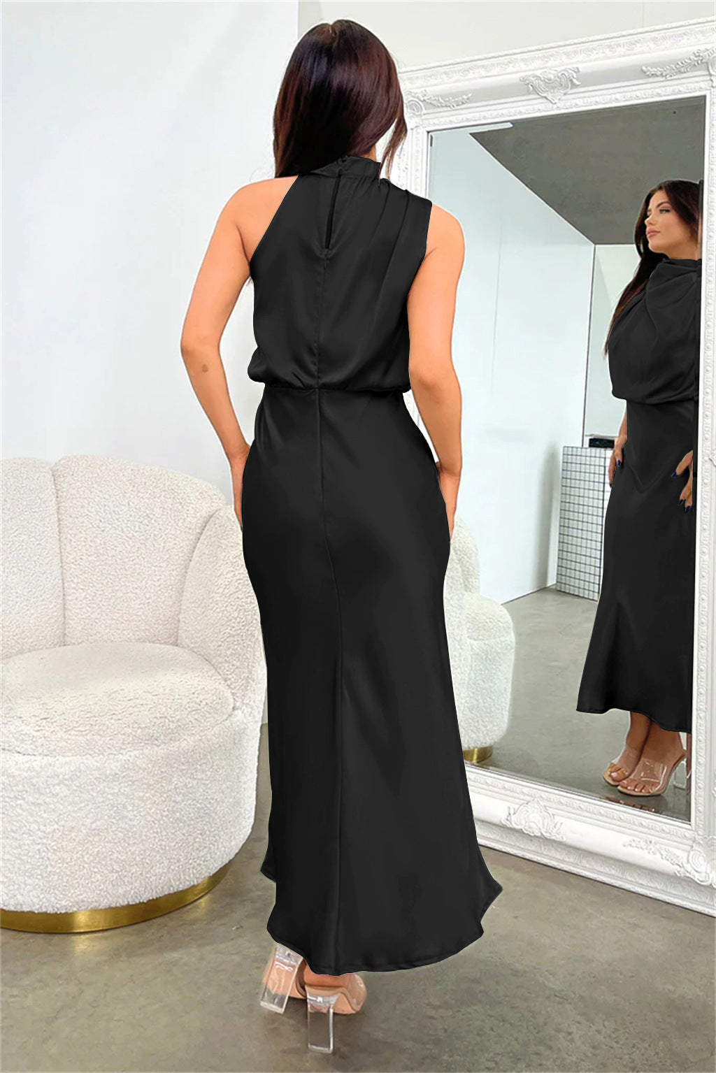 Long satin dress with halter neck