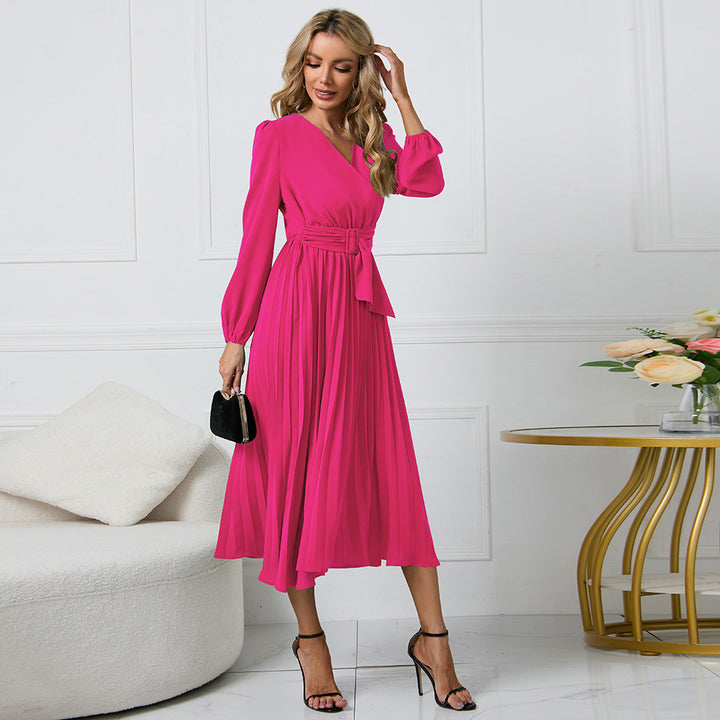 Women's Pleated Wrap Midi Dress with Waist Belt and V-Neck Mune Fashion