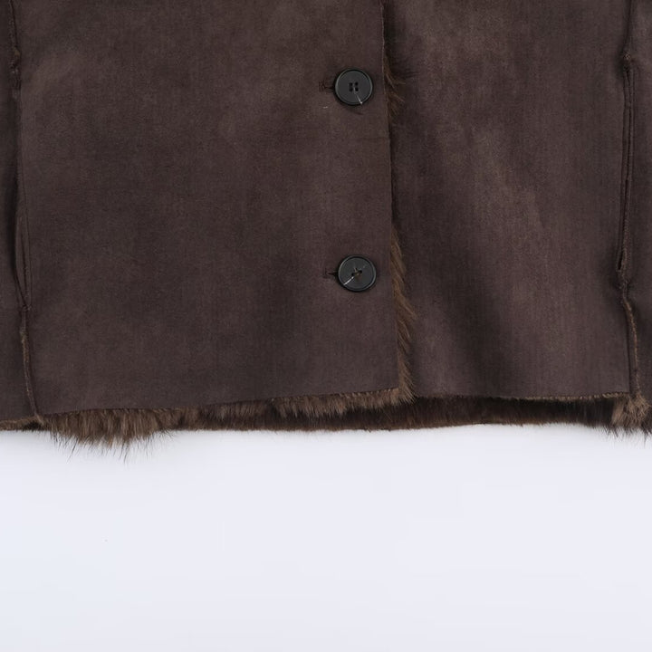 Women's Reversible Short Jacket with Faux Fur Trim and Suede Look Mune Fashion