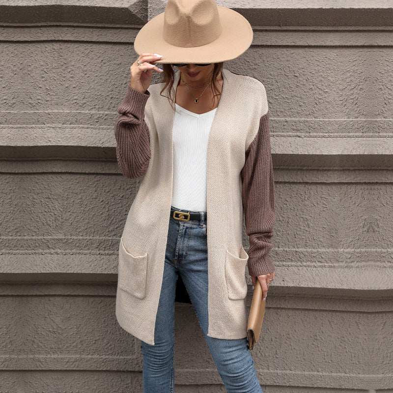 Women's Long Cardigan with Contrast Sleeves and Patch Pockets Mune Fashion