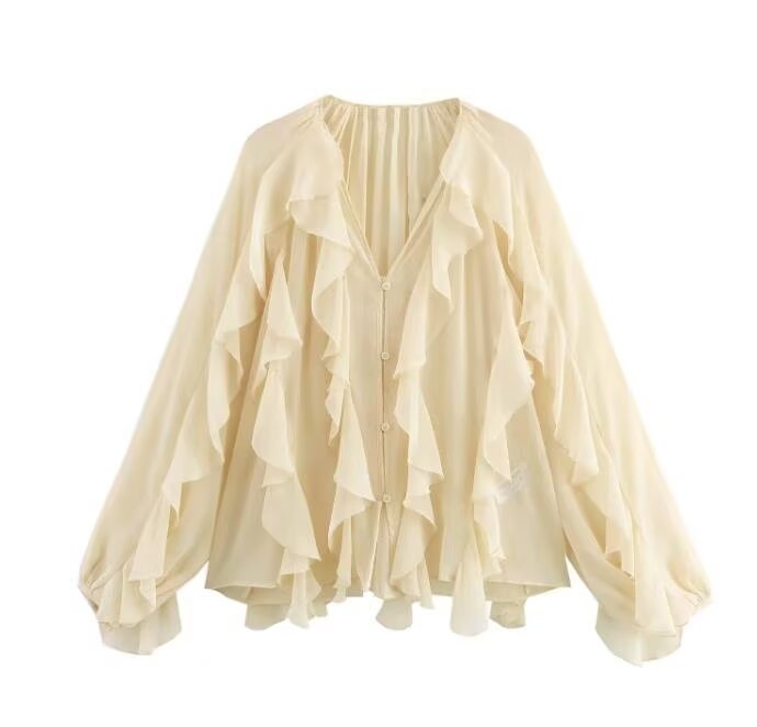 Women 200+ voluminous chiffon ruffle blouse with bat sleeves and button placket Mune Fashion