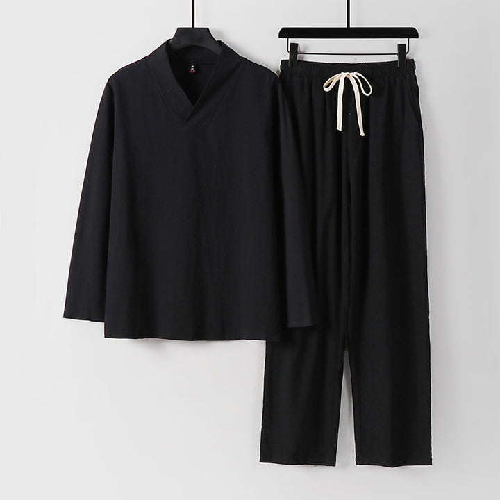 Unisex Zen-inspired Lightweight Loungewear Set with V-Neck Shirt and Elastic Drawstring Pants Mune Fashion
