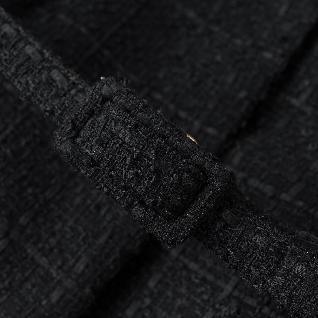 Ladies short jacket made of bouclé tweed with round neck, golden decorative buttons and tie belt Mune Fashion