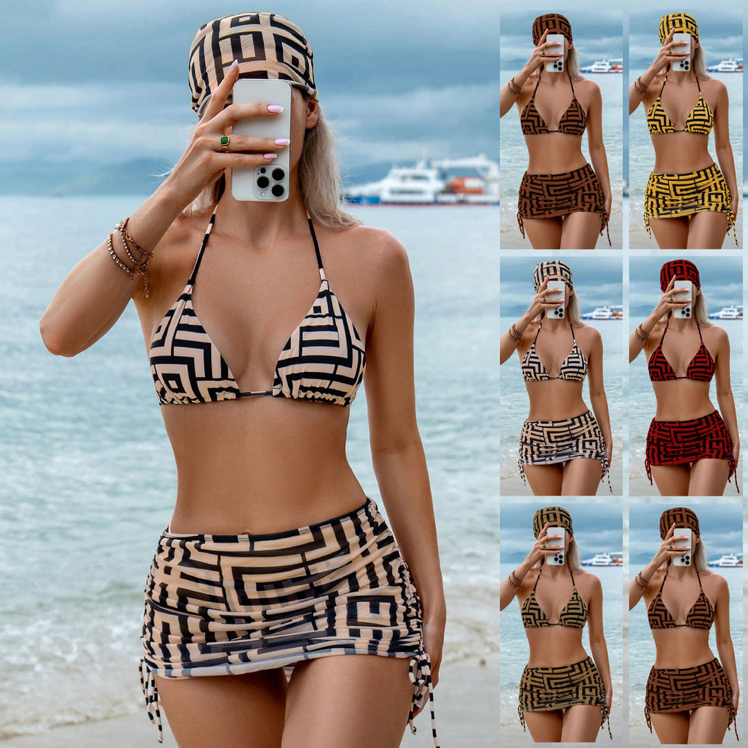 Women's Triangle Bikini with Wrap Skirt and Graphic Pattern Mune Fashion