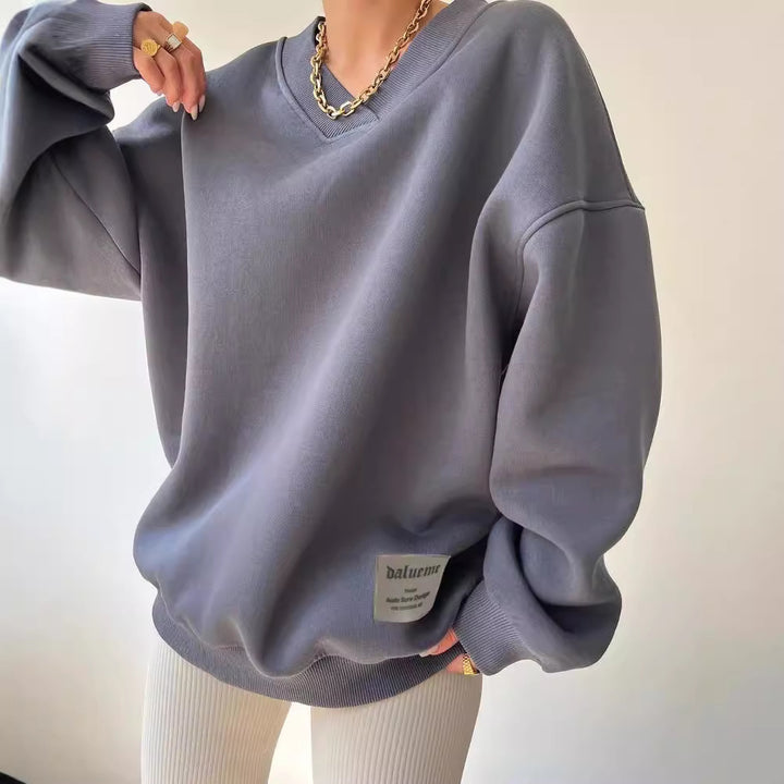 Women Oversized Sweatshirt with V-neck and Ribbed Collar Mune Fashion