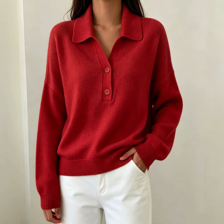 Women Polo Collar Sweater with Half Button Placket and Ribbed Hem Mune Fashion