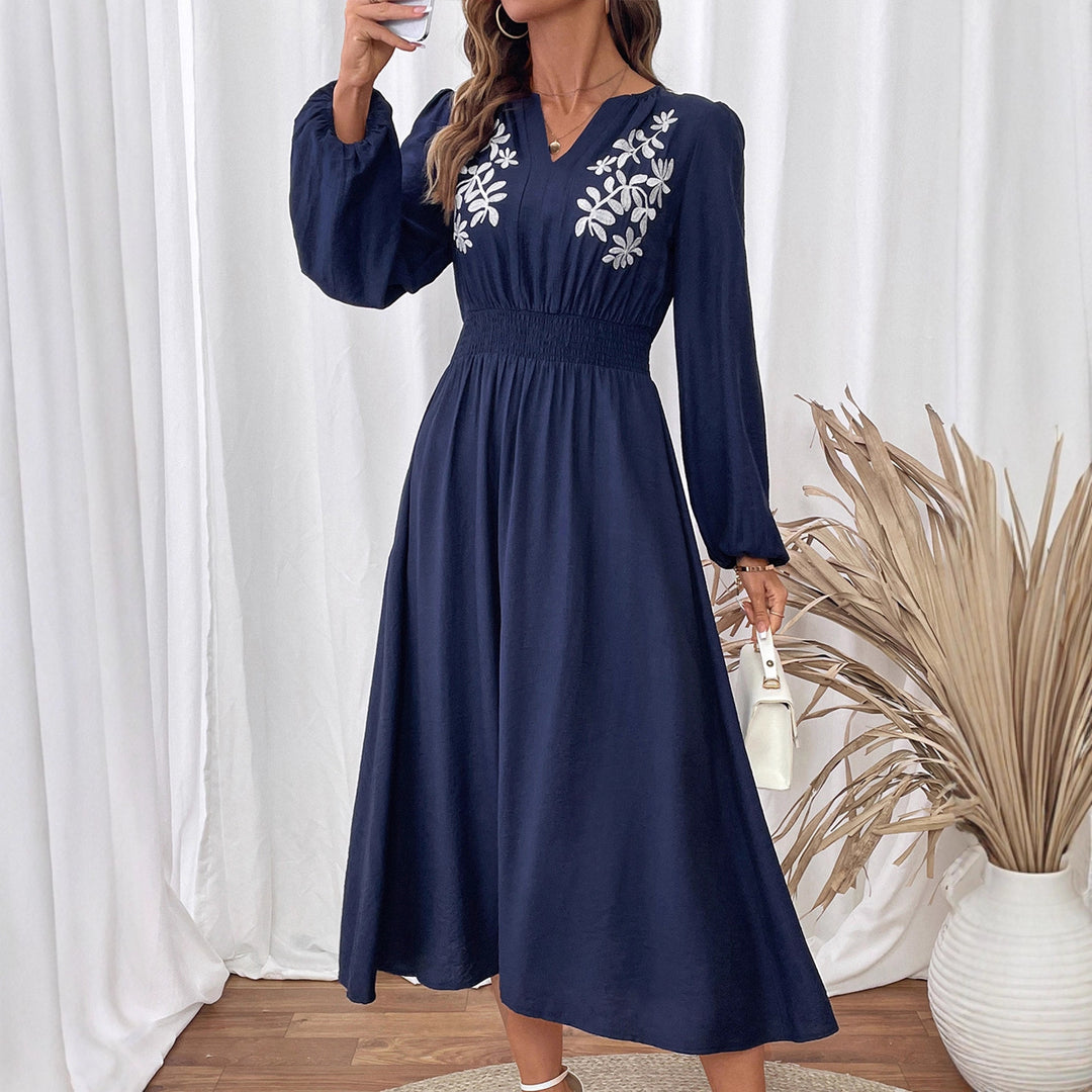 Ladies Elegant Midi Dress with Floral Embroidery Pattern Mune Fashion