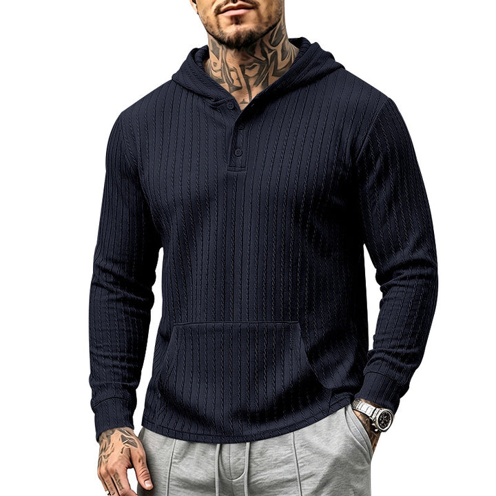 Men's Hooded Henley Pullover with Cable Knit Structure, Kangaroo Pocket and Ribbed Cuffs Mune Fashion