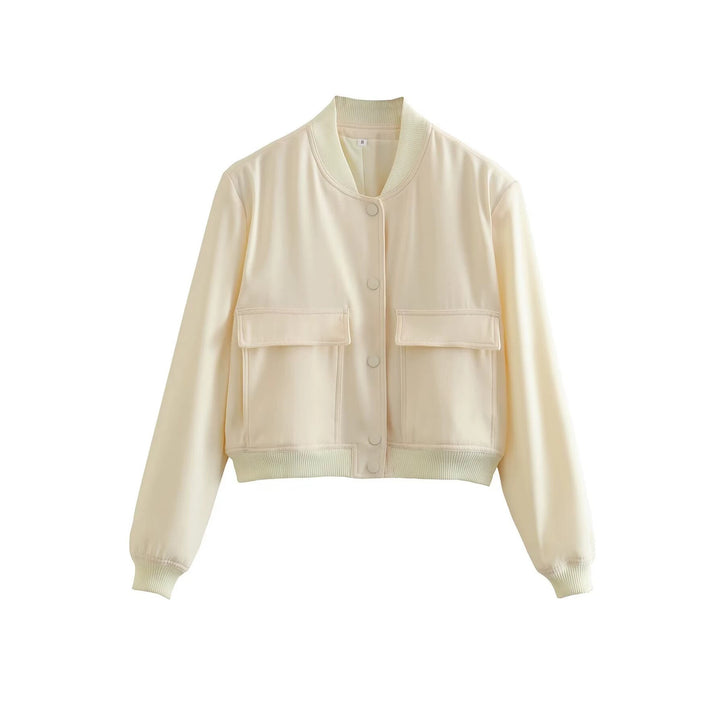 Women’s short cut bomber jacket in boxy fit with large flap pockets and ribbed hem Mune Fashion