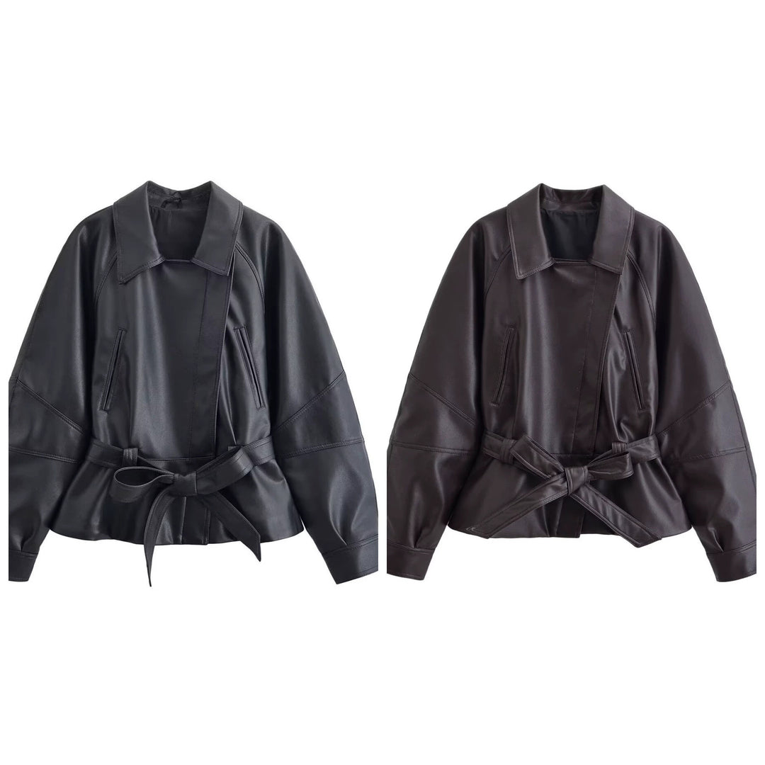 Women's short cut leather look jacket with waist belt and raglan sleeves Mune Fashion