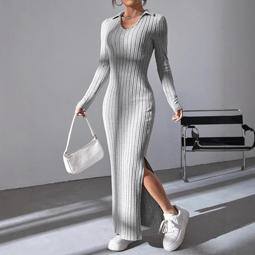 Women's Maxi Dress with Structured V-Neck and Side Slits Mune