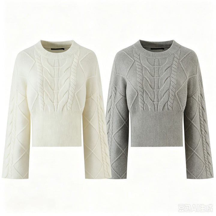 Women's Short-Cut Braided Knit Sweater with Wide Sleeve and Ribbed Hem Drune