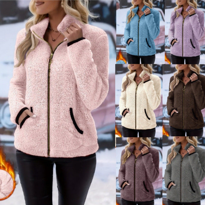 Women's thermal sherpa fleece jacket with stand-up collar, contrast edges and ring zipper Mune Fashion