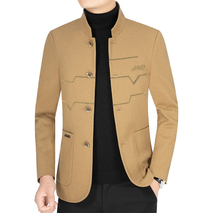 Men's Stand Collar Blazer made of textured wool blend with decorative seams and patch pockets Mune Fashion