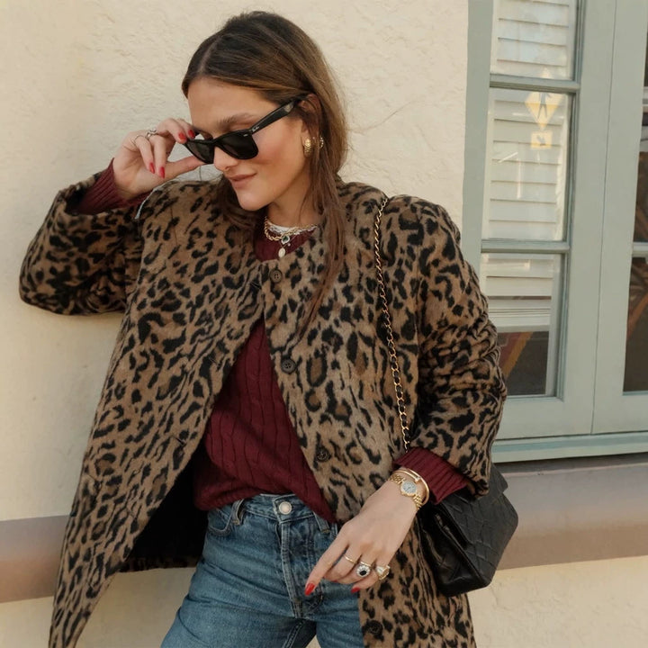 Women's Short Cut Faux Fur Coat with Leopard Print and Boxy Silhouette Mune Fashion