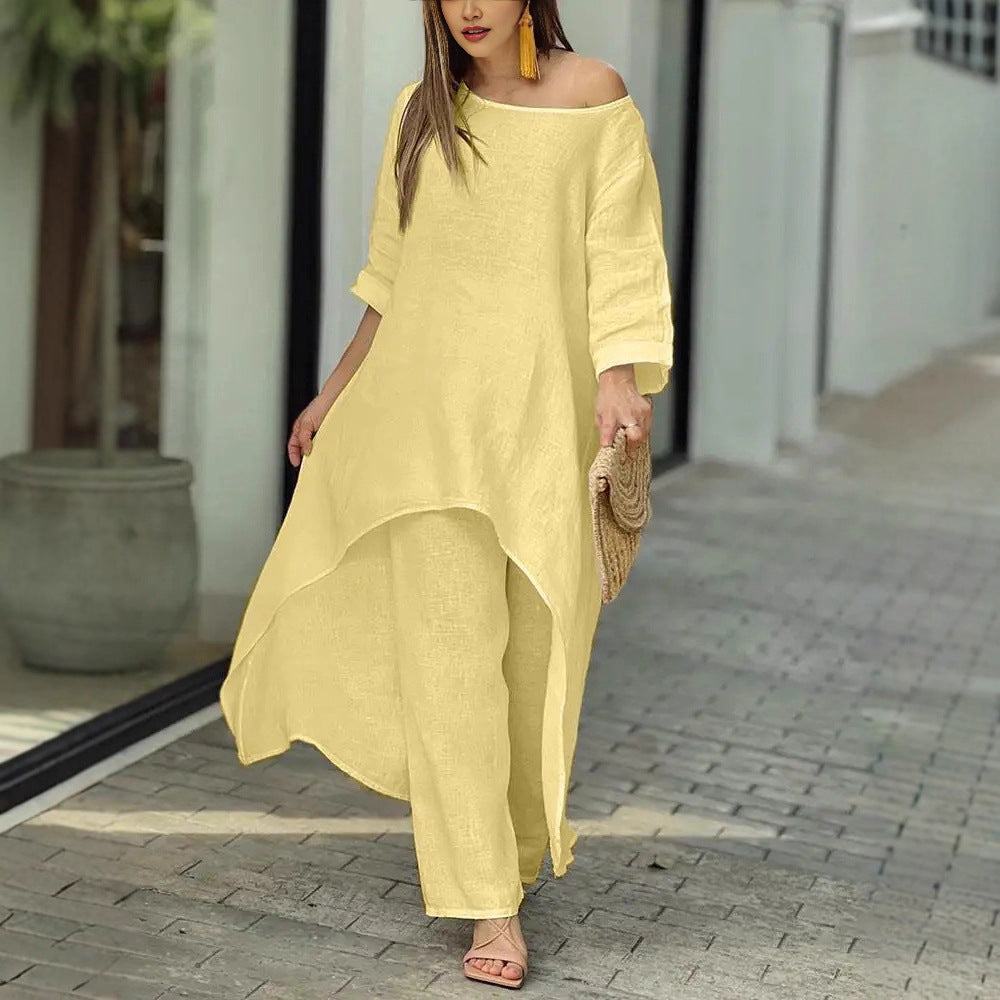 Women's oversized linen two-piece set with asymmetrical tunic and loose Marlene pants Mune Fashion