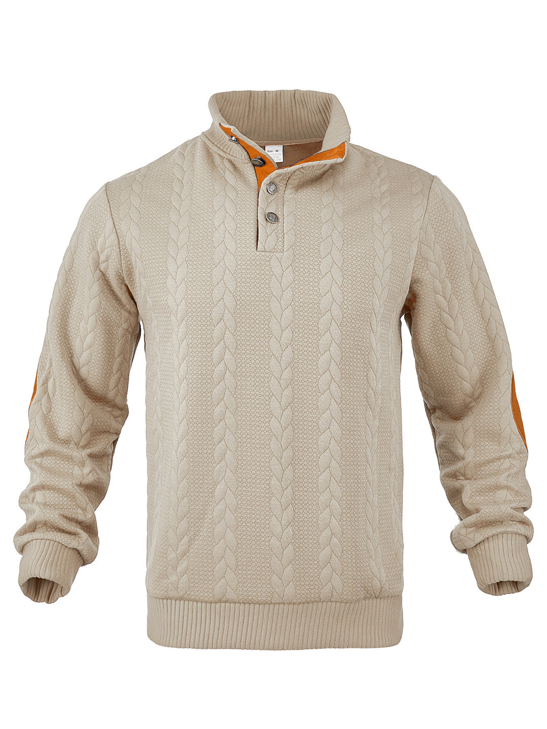 Men's Cable Knit Half Button Sweater with High Stand Collar and Suede Elbow Patches Mune Fashion