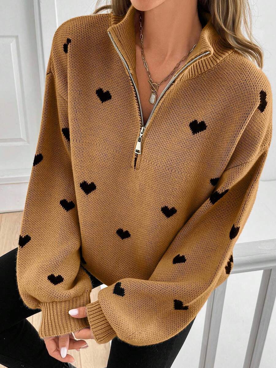 Women's Oversized Knit Sweater with Half-Zip and Heart Design Mune Fashion