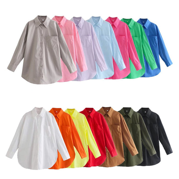 Women's oversized shirt blouse with chest pocket, dropped shoulder and rounded hem Mune Fashion