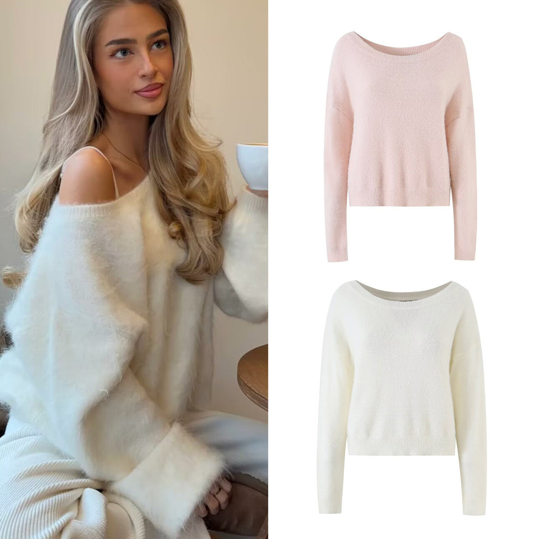 Women's Cozy Oversized Sweater with Wide Boat Neck Drune