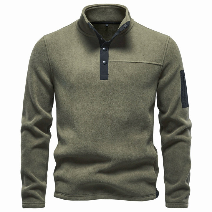Men's fleece pullover with stand-up collar, snap button placket, and arm pocket Mune Fashion