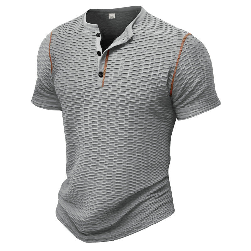 Men's structured short-sleeve henley with three-dimensional relief structure, reinforced button placket, and contrast piping Mune Fashion