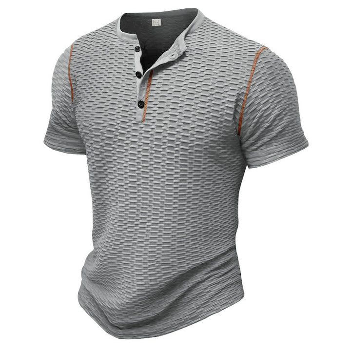 Men's structured short-sleeve henley with three-dimensional relief structure, reinforced button placket, and contrast piping Mune Fashion