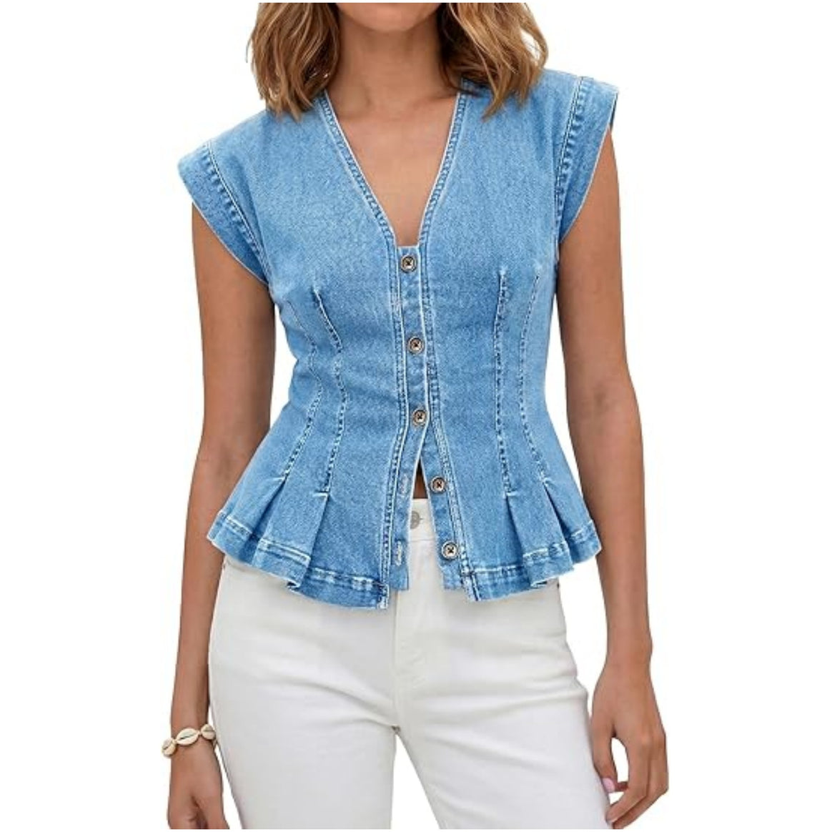 Women Tailored Jeans Top with Peplum and Button Placket Mune Fashion