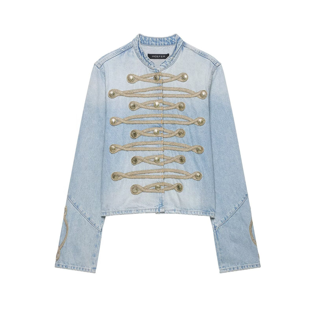 Women's Short Denim Military Jacket with Decorative Cords and Stand-Up Collar Drune