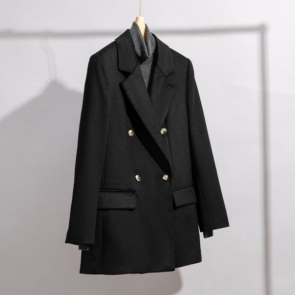 Men's Double-breasted Wool Blend Coat with Boxy Silhouette and Gold Decorative Buttons Mune Fashion