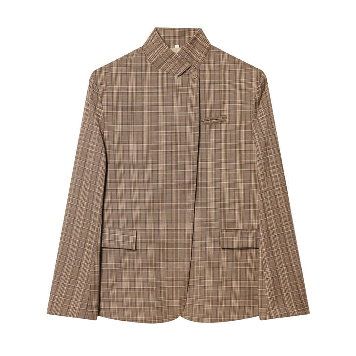 Women's Tailored Checked Blazer with Stand Collar and Concealed Button Placket Mune Fashion