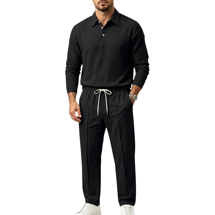 Men's Long Sleeve Polo Shirt and Relax Pants Set in Linen Look with Drawstring Mune Fashion