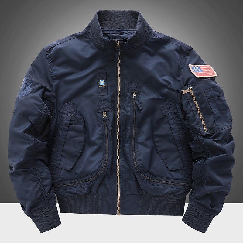 Men's  pilot-style cropped utility flight bomber with multi-zip pockets and ribbed collar Mune Fashion
