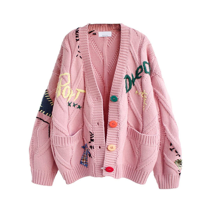 Women's Stylish Knitted Cardigan with Colorful Buttons and Elaborate Design