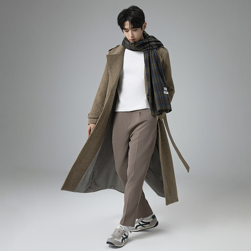 Men's maxi-length wool blend coat with tailored silhouette, shawl collar, and decorative shoulder straps Mune Fashion