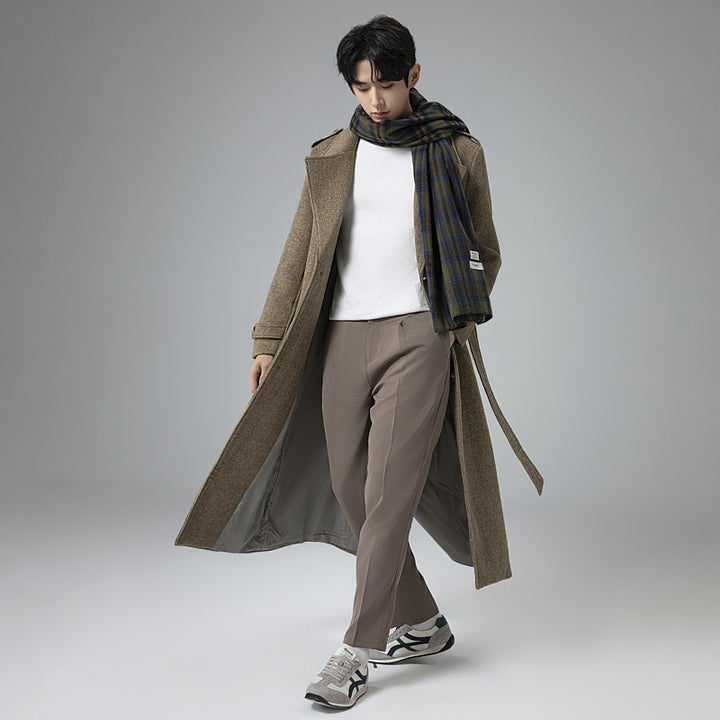 Men's maxi-length wool blend coat with tailored silhouette, shawl collar, and decorative shoulder straps Mune Fashion