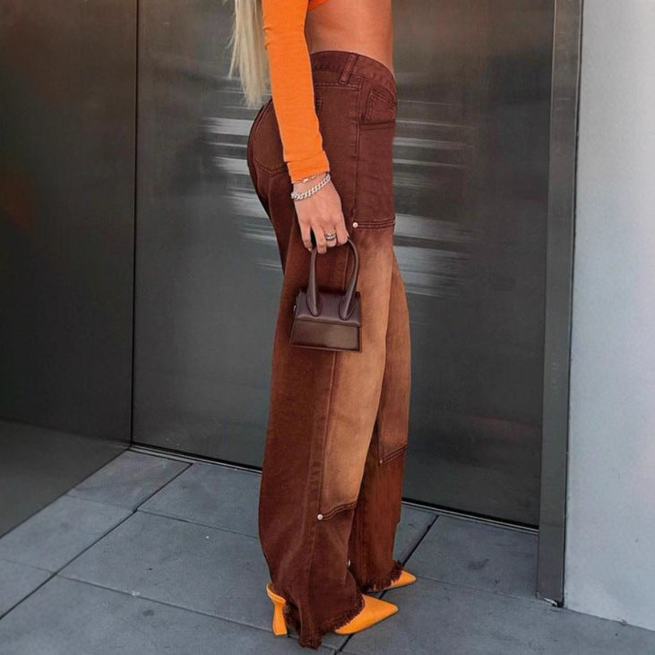 Women wide patchwork jeans with high waist and frayed hem Mune Fashion