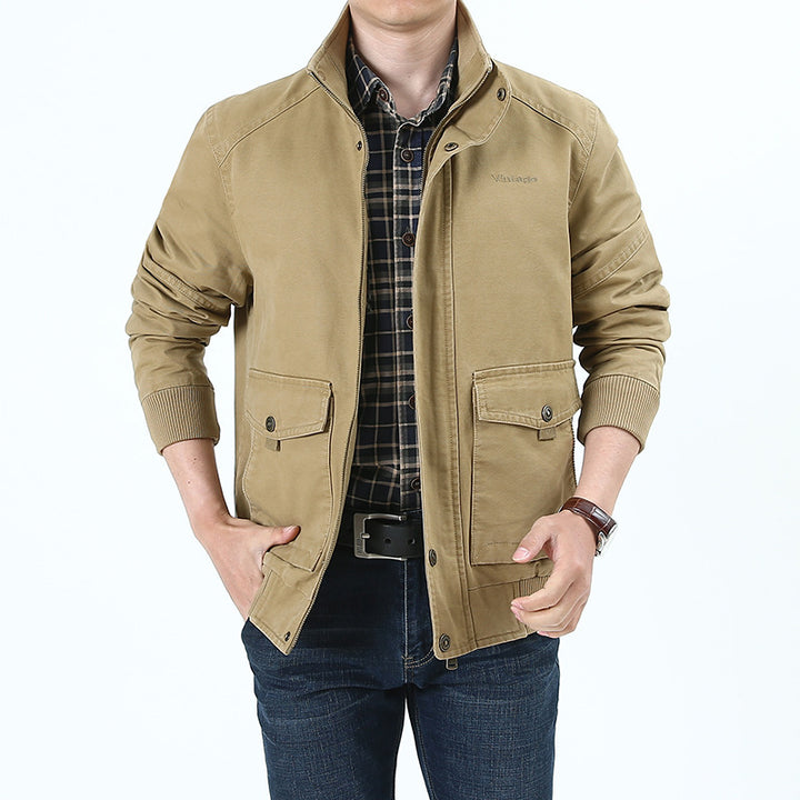 Men's Canvas Field Jacket in Bomber Style with Ribbed Cuffs, Flap Pockets, and Printed Inner Lining Mune Fashion
