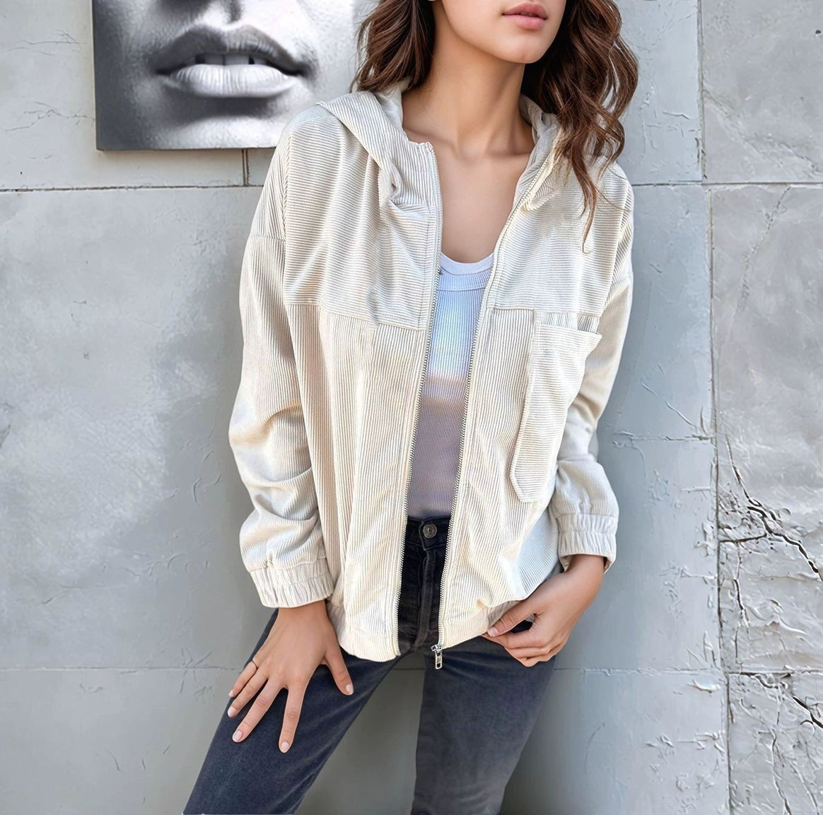 Women's cord zip jacket with hood, ribbed structure and side pockets Mune Fashion