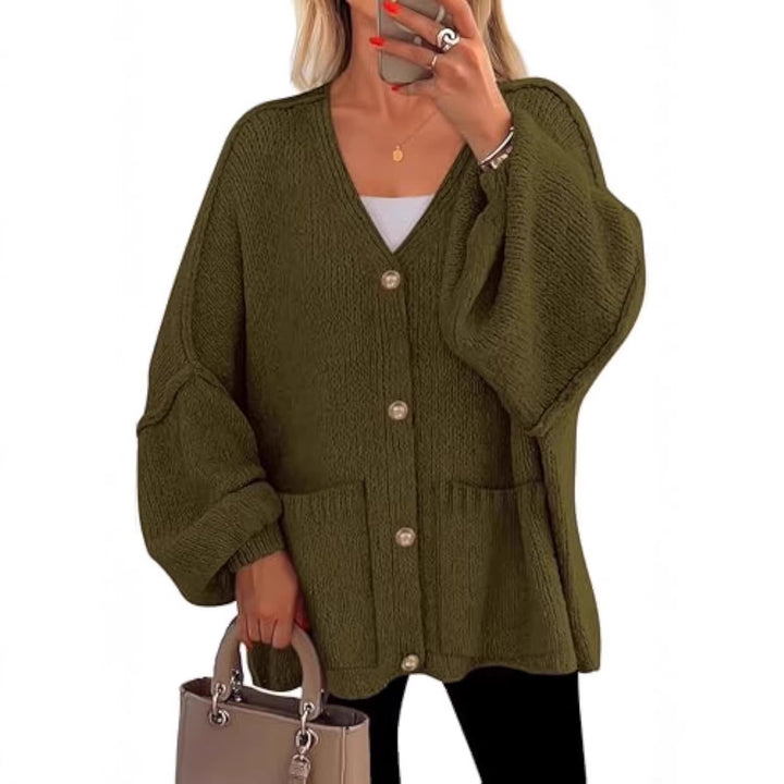 Women Oversized Knit Cardigan with V-Neck, Golden Decorative Buttons and Patch Pockets Drune