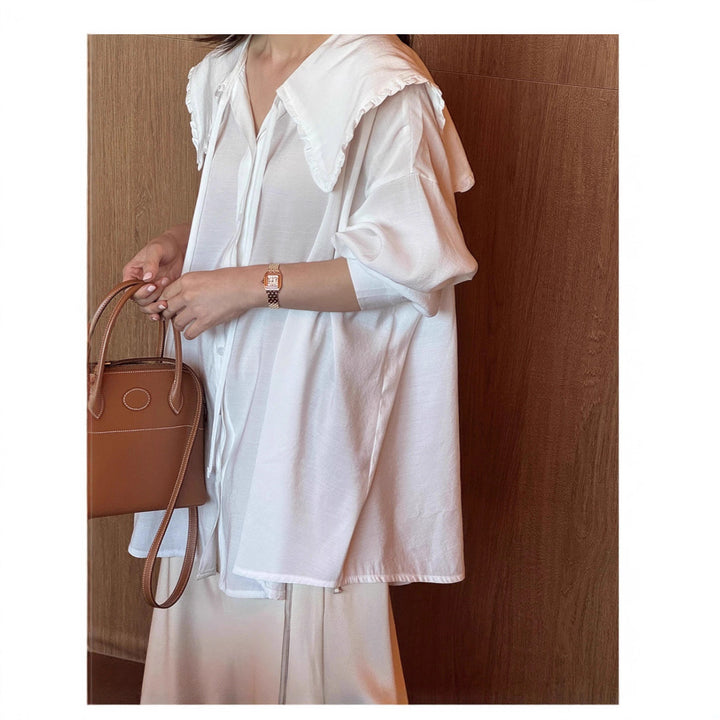 Women Oversized Shirt Blouse with Large Ruffled Collar and Roll-Up Sleeves Mune Fashion