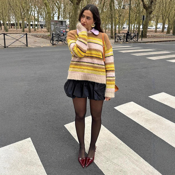 Women's Cozy Striped Sweater made of fluffy Mohair mix with round neckline and oversized silhouette