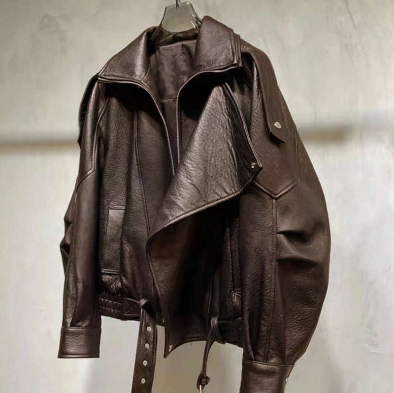 Men's Oversized Leather Jacket with Wide Asymmetrical Lapel and Waist Belt Mune Fashion