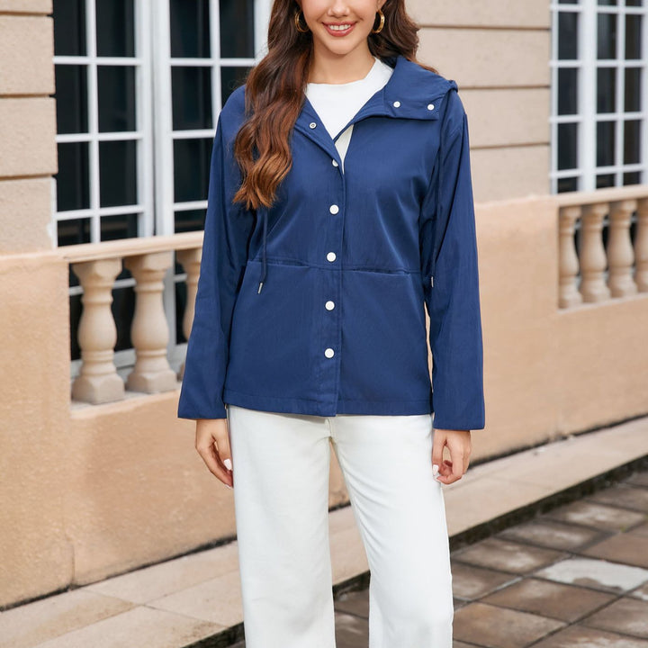 Women Water-Repellent Hooded Jacket with Snap Front, Drawstring and Pockets Mune Fashion