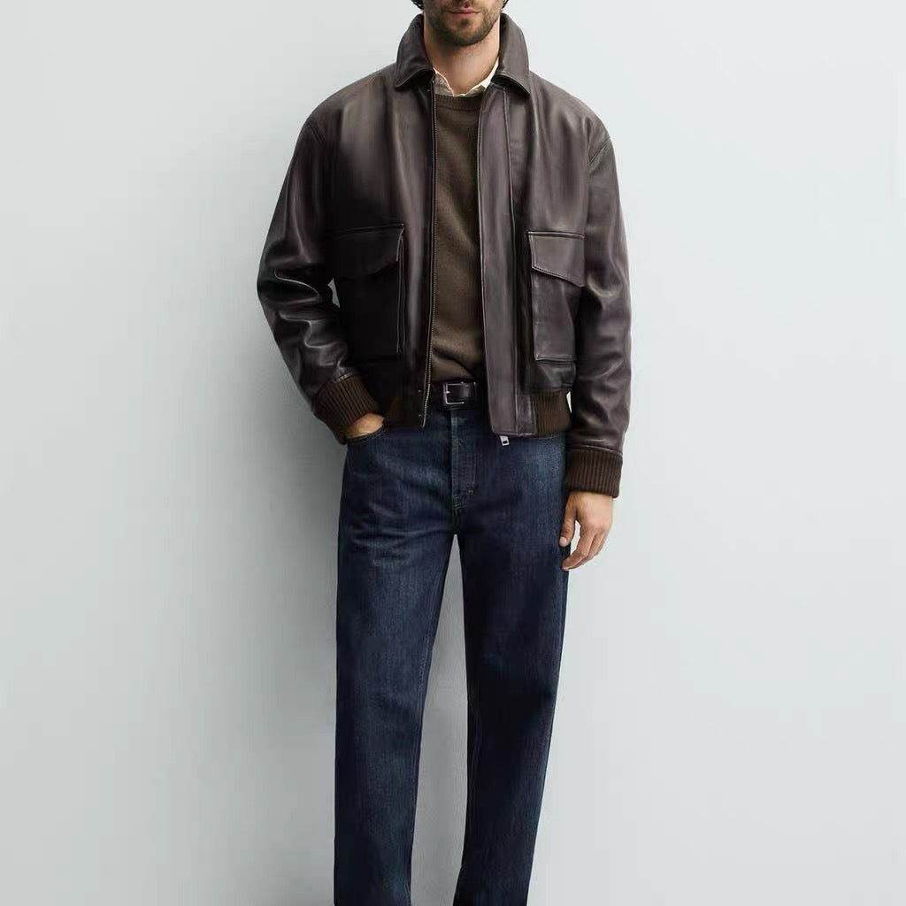 Men's smooth leather blouson in pilot style with shirt collar and patch flap pockets Mune Fashion