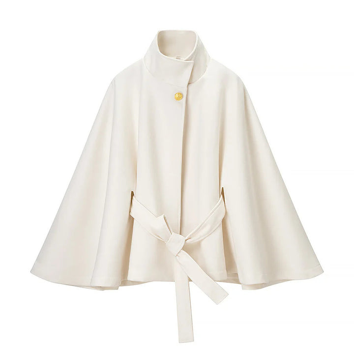 Women tailored wool cape coat with stand-up collar, tie belt, and concealed button placket Mune Fashion