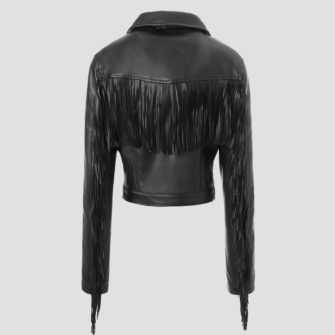 Women short cut fitted biker jacket made of artificial leather with fringes on the sleeves and asymmetric zipper Mune Fashion
